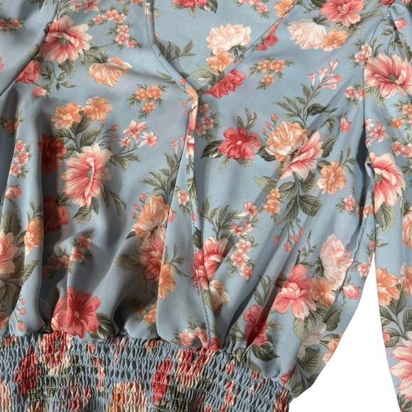 Ultra Flirt Floral Wrap Blouse in Blue and Pink - Picture 6 of 12